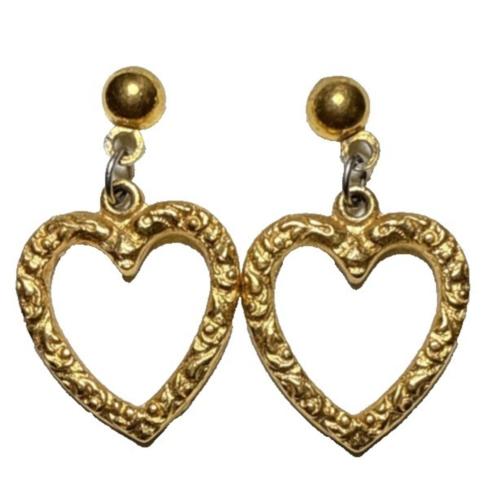 Vintage Gold Tone Textured Heart Shaped Earrings J19-15